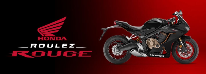 Logo de L'ÉVÉNEMENT ROULEZ ROUGE ROULEZ HONDA avec le slogan: RESSENTEZ L’EXALTATION, avec une image d'une catégorie de motos